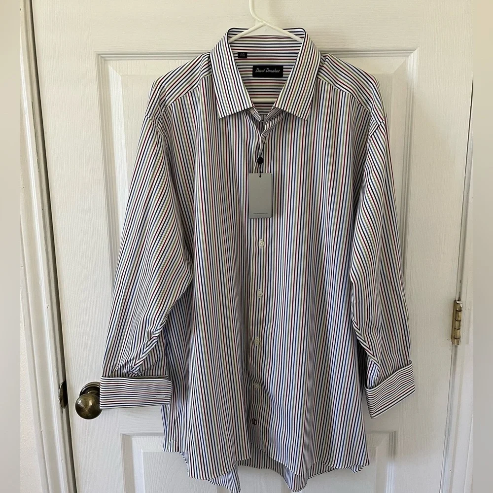 David Donahue Blue, Green, and Red Striped Dress Shirt